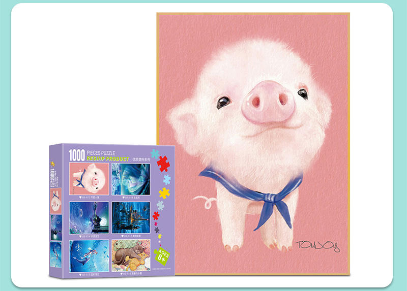 Venta al por mayor, rompecabezas de ilustraciones personalizados, patrón de cerdo encantador, rompecabezas de plástico de 1000 piezas para adultos